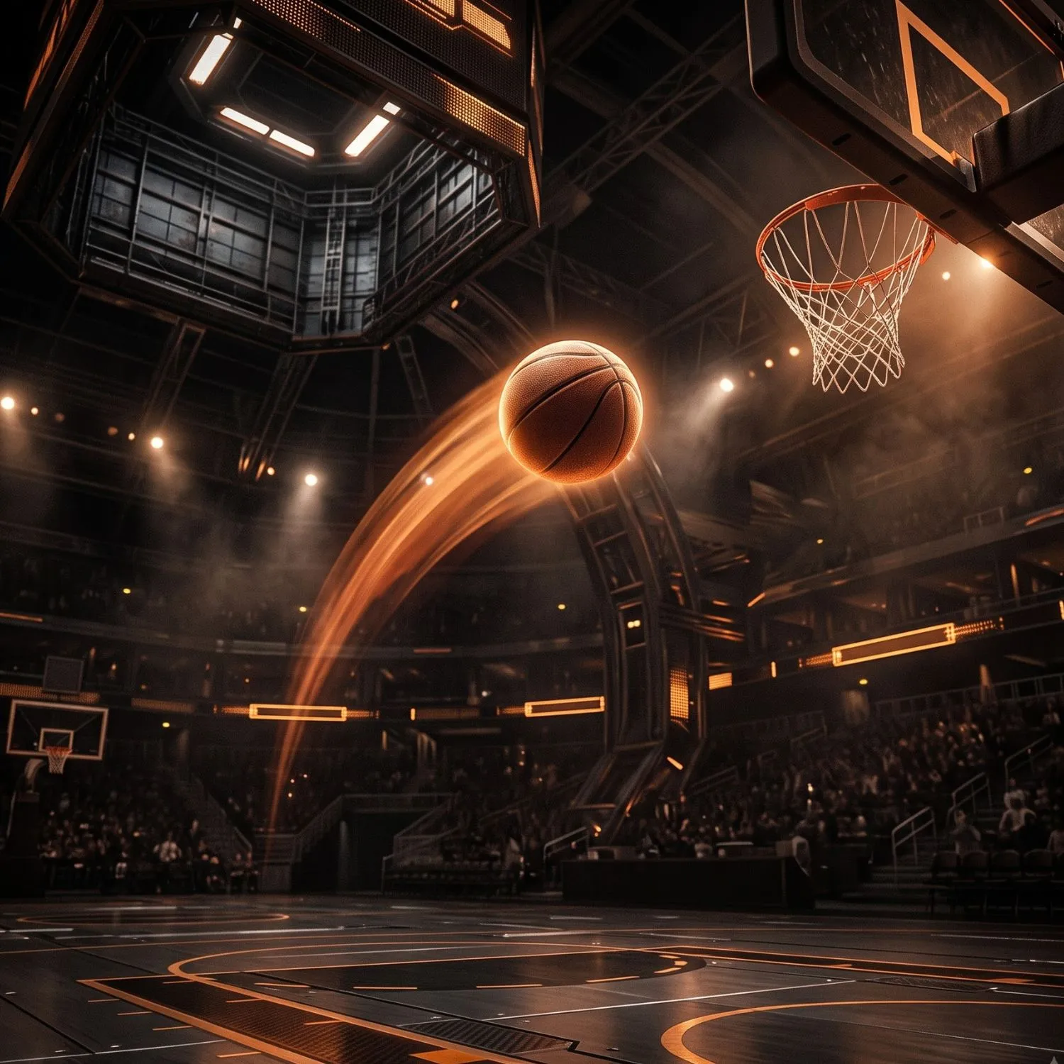 Indoor basketball arena with a spotlit court and a glowing ball arcing to the hoop