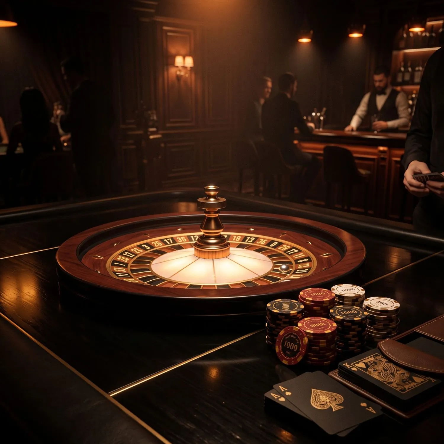 Luxury live casino table with a roulette wheel, chips and warm gold lighting